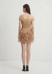 Off Shoulder Ruffled Mesh Mini Dress