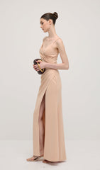 V Neck Sleeveless Slit Maxi Dress In Apricot