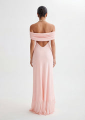 Off Shoulder Mesh Maxi Dress In Pale Pink