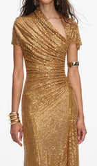 Gold Rhinestone Drape Midi Dress