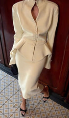 Solid Peplum Jacket & Slit Midi Skirt Set