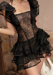 Sequined Lace Mini Dress With Ruffles