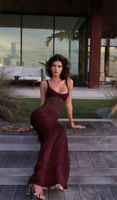 Sheer Knit Curve Maxi Dress In Red