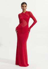 Slinky And Mesh Long Sleeve Maxi Dress In Red