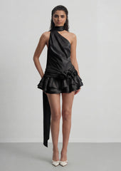 One Shoulder Tiered Ruffle Mini Dress In Black