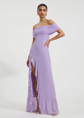 Off Shoulder Mesh Maxi Dress In Purple