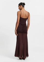 Slinky And Mesh Maxi Dress In Chocolate
