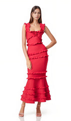 Sleeveless Frill Maxi Dress In Red