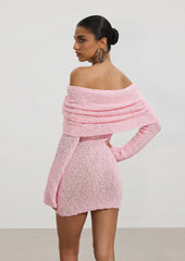 Off Shoulder Boucle Knit Mini Dress In Pink