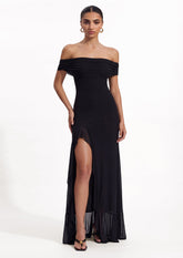 Off Shoulder Mesh Maxi Dress In Black
