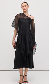 Asymmetric Cape With Satin Midi Dress