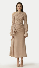 Asymmetric Neck Draped Midi Dress