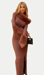 Asymmetrical Slit Fur-Trimmed Midi Dress