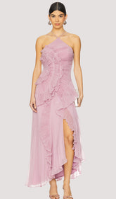 Asymmetry Ruffled Halter Maxi Dress