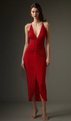 Diamante Ruched Midi Dress In Red