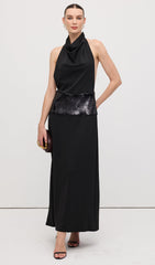 Draped Cowl Neck Open Back Maxi Dress