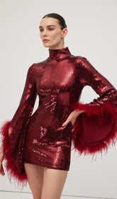 Feather Trimmed Sequined Mini Dress