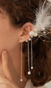 Feather Pearl Climber Tassel Cuff Single Earrings