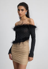 Feather Trimmed Color-Blocked Mini Dress