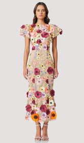 Floral 3D Lace Midi Dress In Apricot