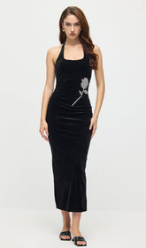 Halter Velvet Embellished Midi Dress