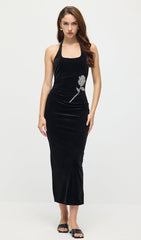 Halter Velvet Embellished Midi Dress