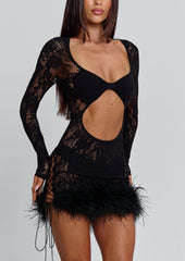 Lace Cut Out Mini Dress With Feather Trim