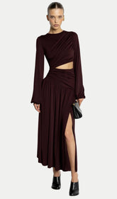 Long Sleeve Hollowed-Out Pleated Midi Dress