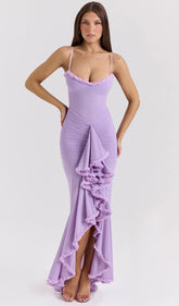 Mesh Ruffled Front Gown Maxi Dress In Taro Purple