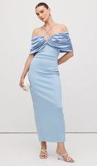 Off Shoulder Draped Satin Maxi Dress