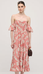 Off Shoulder Smocked Ruffle Printed Midi Dress