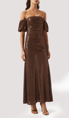 Off Shoulder Stretch Sequin Maxi Dress In Brown