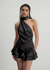One Shoulder Tiered Ruffle Mini Dress In Black