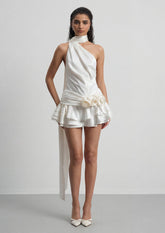 One Shoulder Tiered Ruffle Mini Dress With Scarf