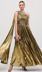 Pleated Metallic One Shoulder Maxi Dress