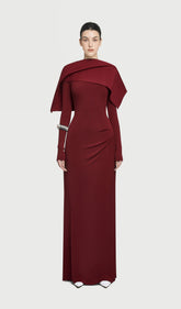 Asymmetrical Draped Shoulder Pleat Maxi Dress Red