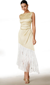 Satin Asymmetric Fringe Hem Midi Dress