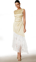 Satin Asymmetric Fringe Hem Midi Dress