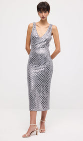 Sleeveless Embellished V Neck Midi Dress