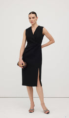 Sleeveless V Neck Pleated Midi Dress