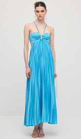 Solid Cut Out Tie Back Plisse Maxi Dress In Blue