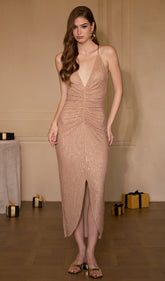 Solid Diamante Ruched Midi Dress