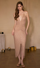 Solid Diamante Ruched Midi Dress