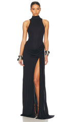 Solid Jersey Slit Maxi Dress In Black