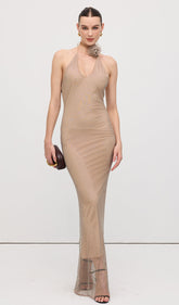 Solid Embellished Halterneck Maxi Dress