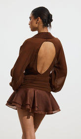 Solid Lantern Sleeve Mini Dress In Coffee