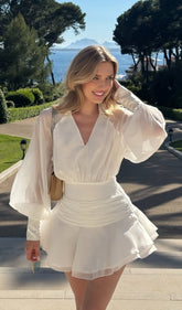 Solid Lantern Sleeve Mini Dress In White