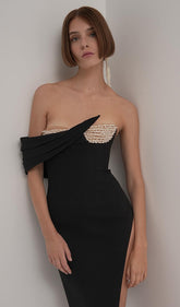 Strapless Crystal Embellished Crepe Midi Dress