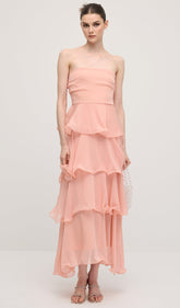 Strapless Layered Midi Dress In Pink