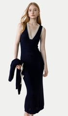 V Neck Color-Blocked Dress & Cardigan Set